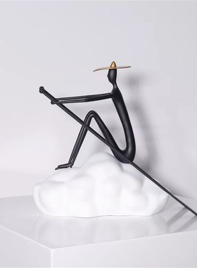 中式禅意划船人j物云山金属人物样板房售楼处书房客厅架子软装饰