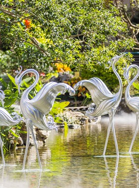 新中式抽象仙鹤玻璃钢雕塑售楼部酒店别墅水池假山景观Z装饰大摆
