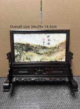 红木插屏鸡翅木云南天然大理石山水画水墨画砚屏摆件石屏风石台屏