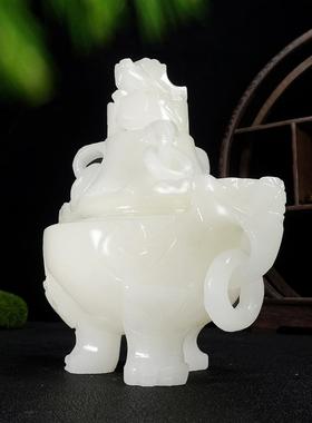 天然阿富汗白玉香炉彷古熏香炉镂空雕刻三足玉鼎桌面玄关装饰摆件