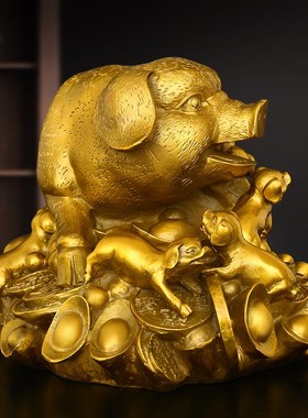 纯黄铜生肖猪摆件百福猪金猪母子猪办公室家居客厅玄关装饰工艺品