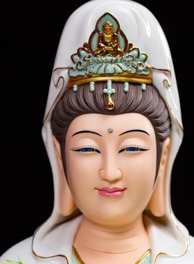 莫秀源德化白瓷加彩坐莲南海观音菩萨佛像家拜陶瓷家居摆件