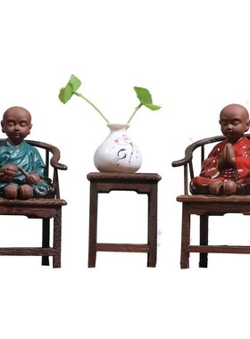 可爱禅意新中式书房书架茶室桌面摆件客厅架子装饰品紫砂陶小和尚