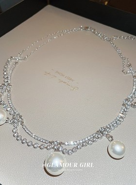 珍珠镶钻双层项链链条法式轻奢高级感锁骨链时尚气质颈链项饰