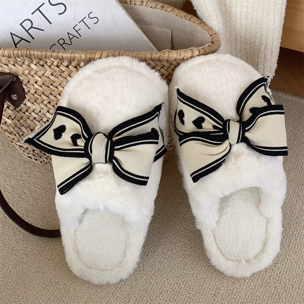 增高7cm小个子毛毛棉拖鞋女2024秋冬新款蝴蝶结百搭网红居家外穿 - 图1
