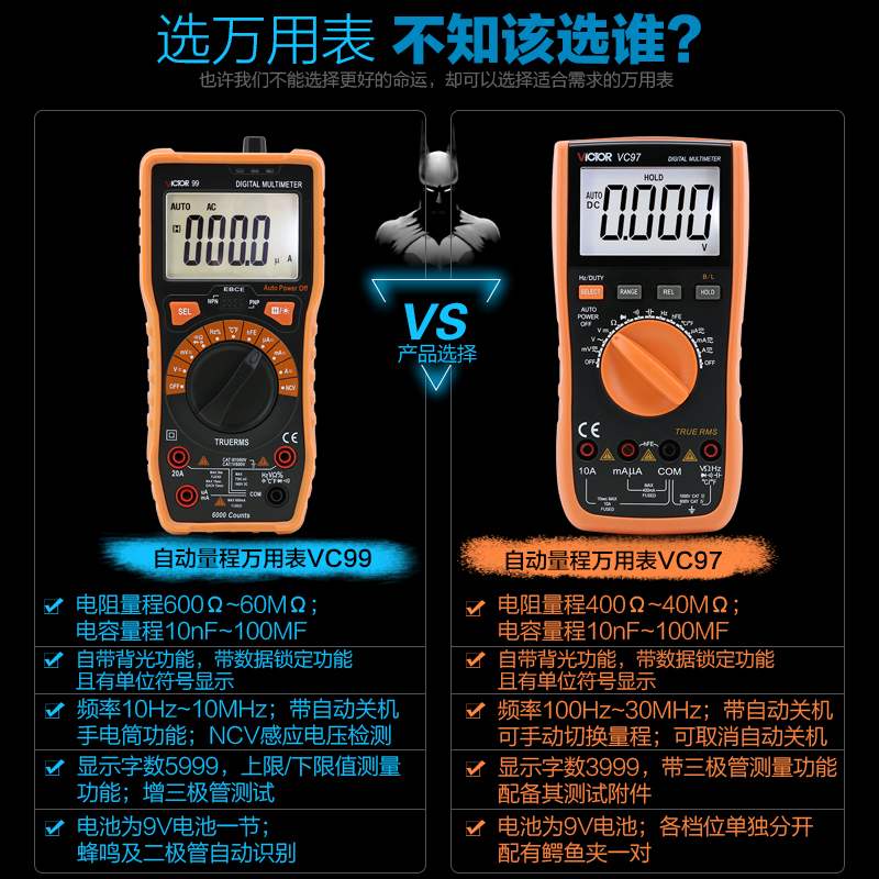 胜利万用表 新款自动量程数字万用表VC97 可测温度频率 背光VC99 - 图1