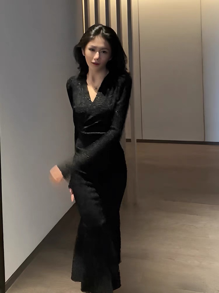 李ling儿同款小黑裙高级感御姐奢华绝美气质赫本风显身材鱼尾裙女-图2