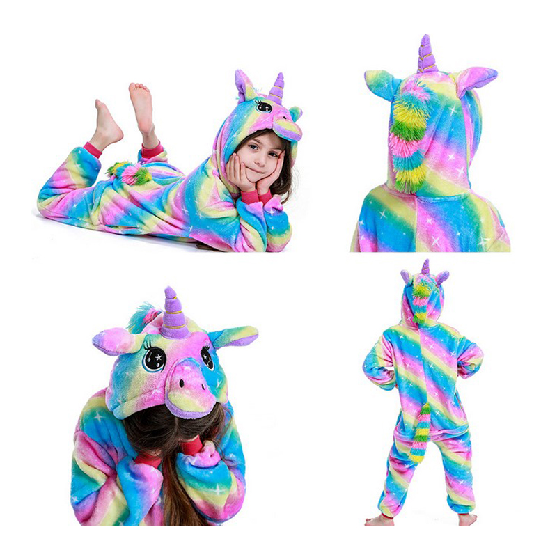 彩虹儿童卡通连体睡衣星空独角兽cos服装Rainbow Unicorn Pajamas-图0