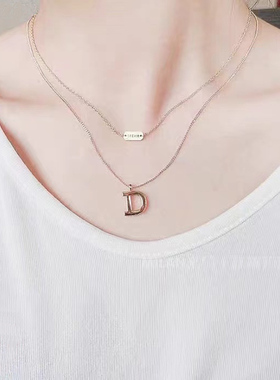 2024新款字母双层项链时尚高级百搭锁骨链轻奢小众设计感叠戴项链