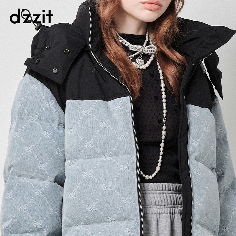 dzzit地素牛仔拼接羽绒服2023冬专柜新款蓝色复古丹宁户外工装风