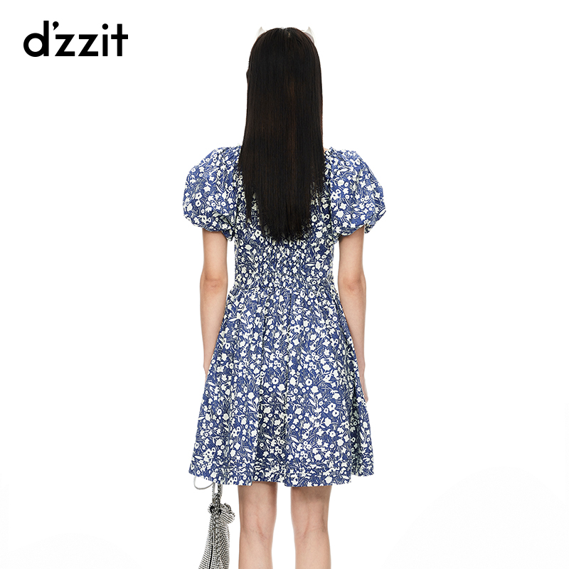 【dzzit碎花裙】地素连衣裙2024夏季新款克莱因蓝泡泡袖裙子女 - 图2