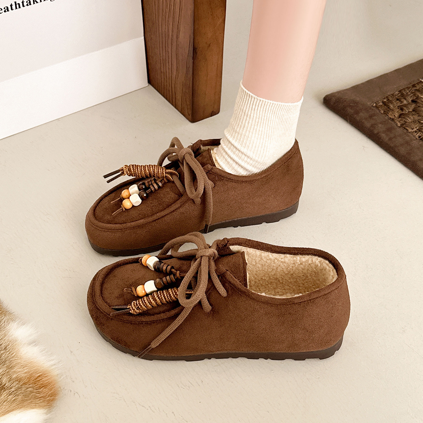 冬季新款复古勃肯鞋女网红舒适豆豆鞋加绒加厚舒适懒人袋鼠鞋棉鞋,淘宝优惠券,粉丝福利购,淘宝优惠卷