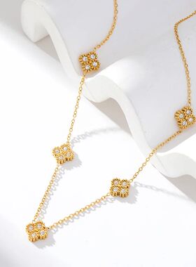 GANEMLY 316L Stainless Steel Clover Flower Zircon Necklace
