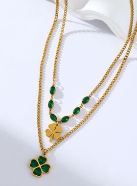 GANEMLY 316L Stainless Steel Leaf Clover Green Crystal