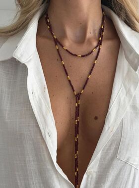 Vintage Seed Beads Chain Long Choke Necklace Women