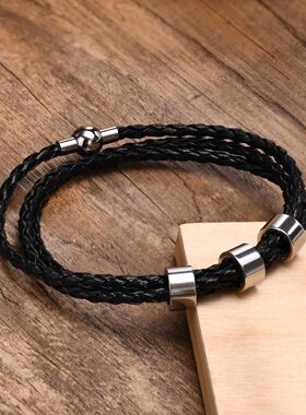 Vnox Free Name Mens Braided Genuine Leather Bracelet Gifts