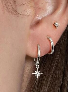 3 PieceStainless Steel Round Star Drop Earrings Set for