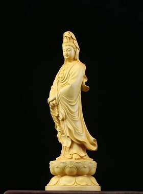 黄杨木雕立莲观世音菩萨佛像实木崖柏念珠观音供奉装饰摆件工艺品