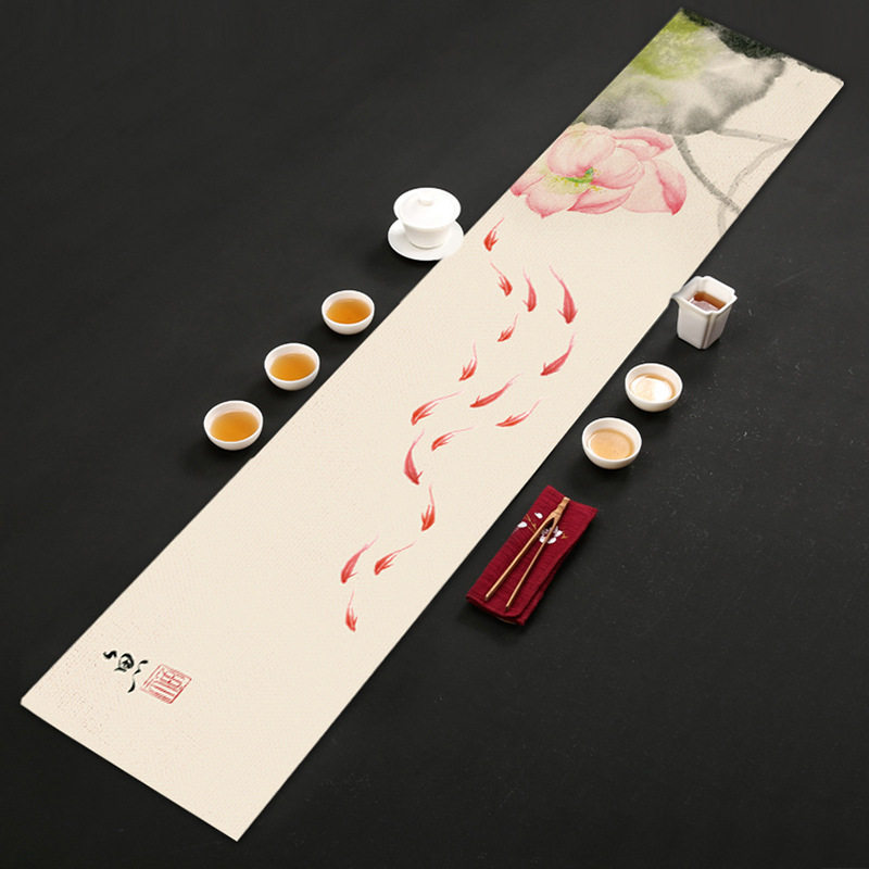 新中式禅意桌旗茶几长条布艺荷花茶席棉麻桌布防水茶台装饰茶桌布,淘宝优惠券,粉丝福利购,淘宝优惠卷