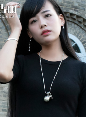 福禧福袋泰银吊坠女时尚复古亲嘴鱼钱袋挂坠S925银项链长款毛衣链