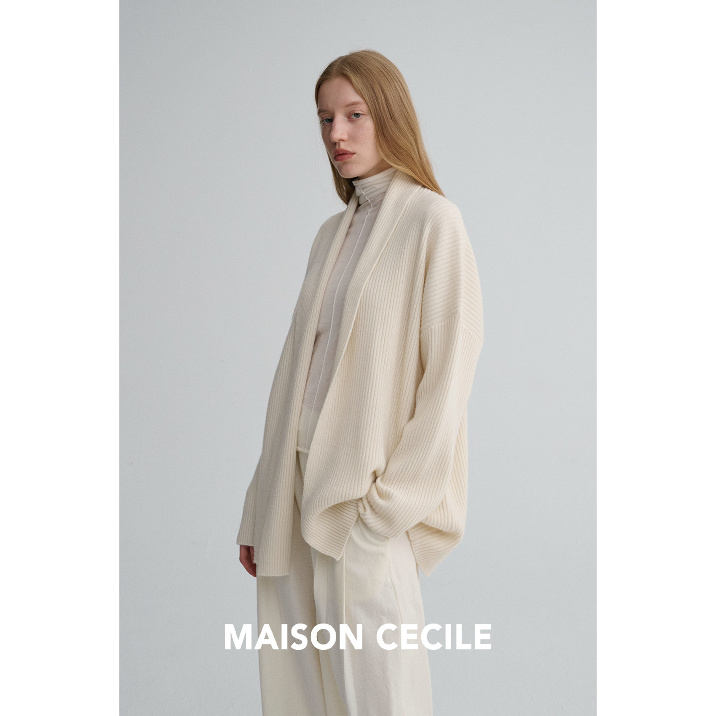 MAISON CECILE 羊绒羊毛奶白软糯慵懒松弛感简约翻领廓形针织开衫 - 图1