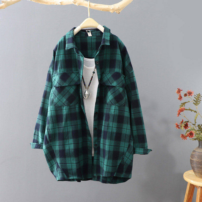 韩范长袖外套2021春秋新品格子衬衫 羽舧衬衫