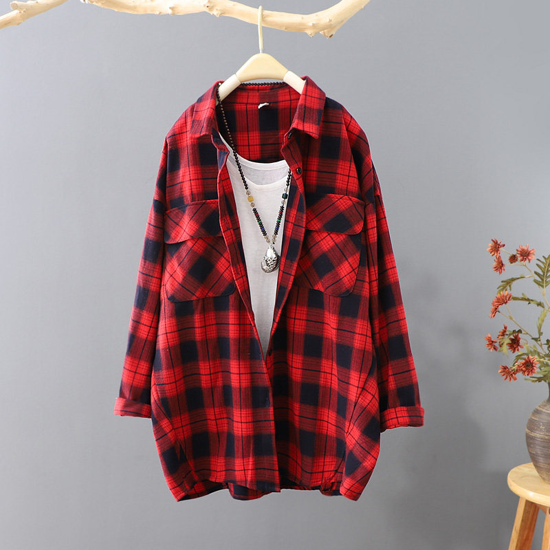 韩范长袖外套2021春秋新品格子衬衫 羽舧衬衫