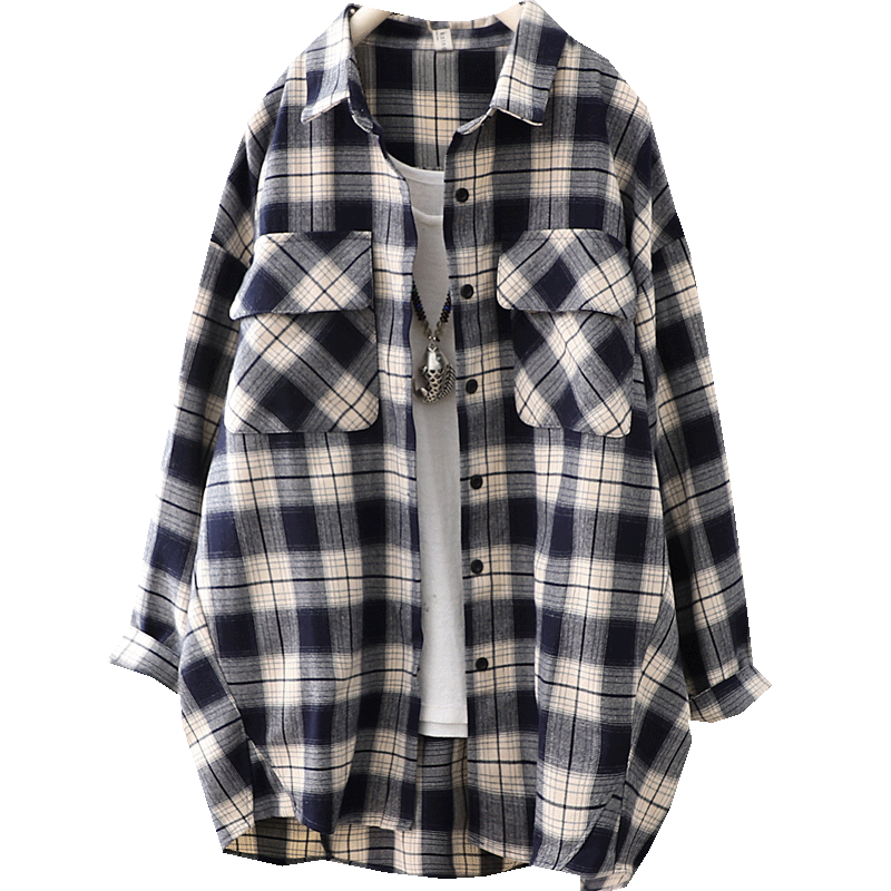 韩范长袖外套2021春秋新品格子衬衫 羽舧衬衫