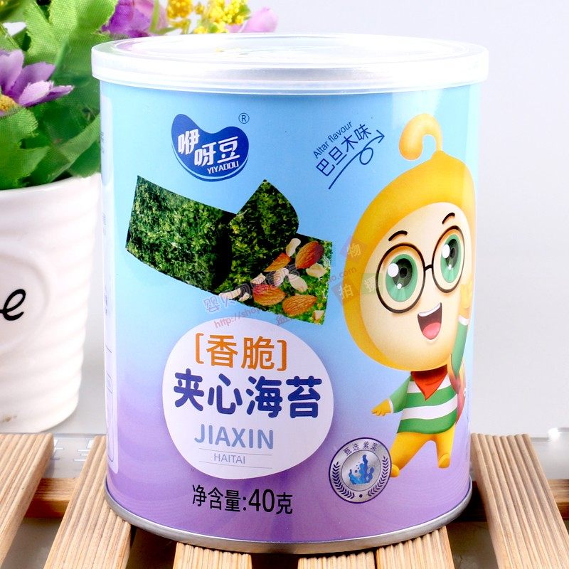 4罐 咿呀豆夹心海苔脆40克芝麻炒米巴旦木核桃味儿童休闲食品零食,淘宝优惠券,粉丝福利购,淘宝优惠卷