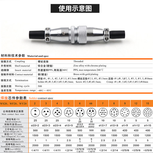威浦对接航空插头WS20-2-3-4-5-67-9-12芯连接器接头TQ对插插座ZQ - 图2