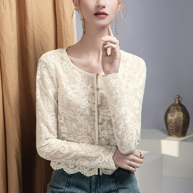 ແມ່ຍິງ jacquard lace top hollow ເຄິ່ງໂປ່ງໃສ