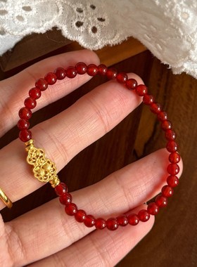 「好运福禄」红玛瑙镂空纯银葫芦手串古法鎏金福禄年年精致显白