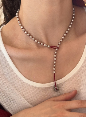 「赤绳银坠」红色香槟金细闪珍珠串珠项链百搭做旧风吊坠锁骨链