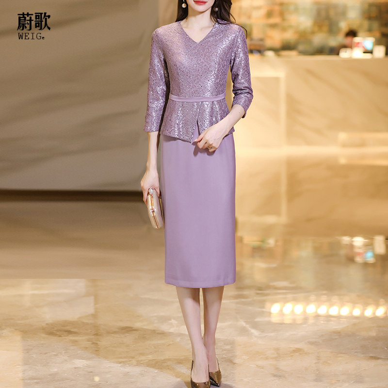 早秋假两件连衣裙喜婆婆婚宴装日常可穿2024新款高级感显瘦蕾丝裙