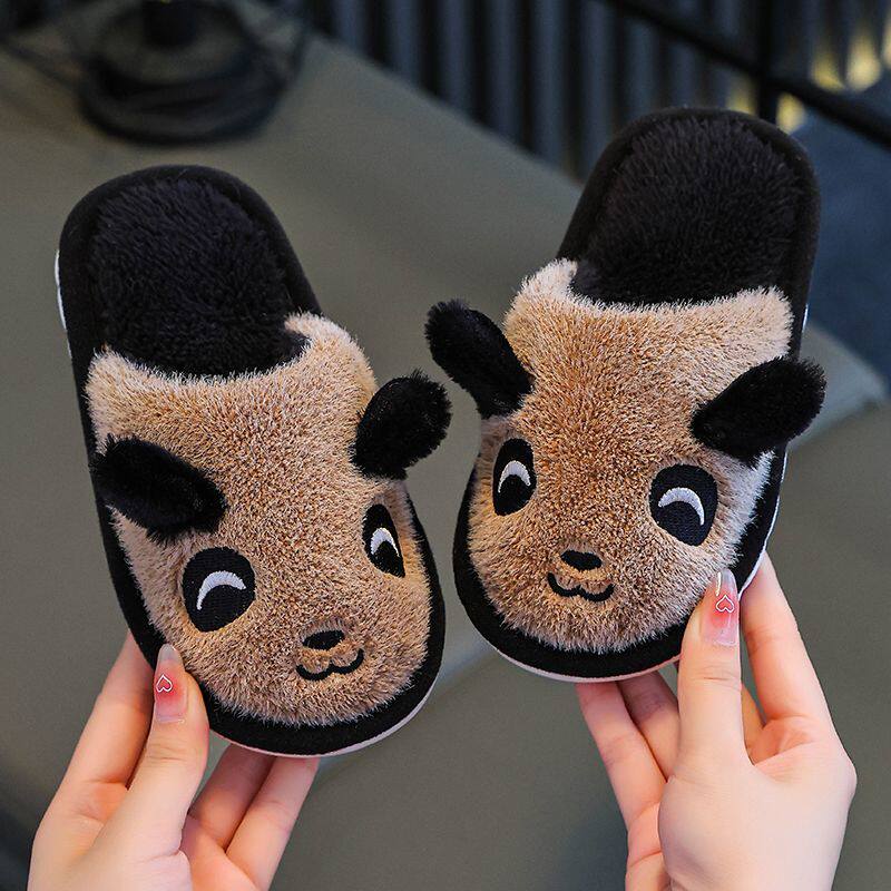 儿童秋冬棉拖鞋加厚软底防滑居家室内厚底熊猫可爱卡通棉鞋亲子鞋
