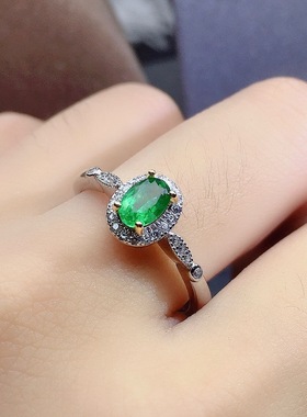 realtreasure天然祖母绿戒指 925纯银精工镶嵌 4*6mm