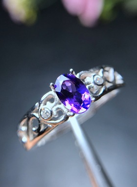 realtreasure天然紫水晶戒指 925银 调节活口 主石5*7mm
