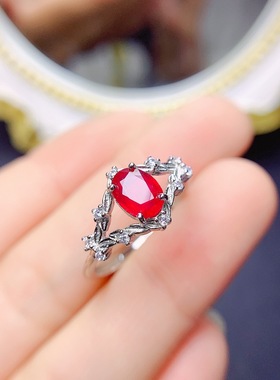 realtreasureS925纯银鸽血红红宝石戒指女士礼物裸石尺寸5*7mm