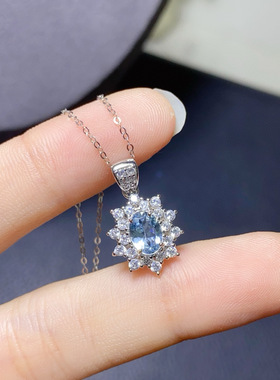 realtreasure太阳花天然海蓝宝吊坠女项链s925纯银镶彩色宝石项链