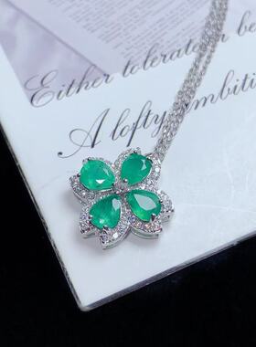 realtreasure纯银镶天然祖母绿吊坠四叶草精致宝石锁骨链百搭实发