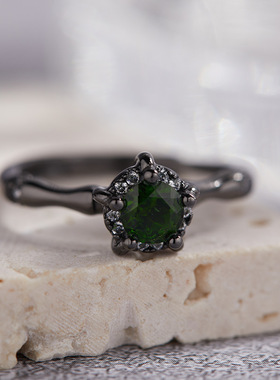 realtreasureS925纯银天然透辉石黑金竹节戒指小众个性食指戒清冷