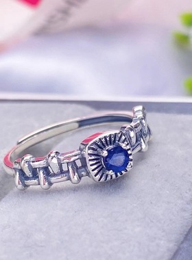 realtreasure天然蓝宝石女款戒指高板设计银镶嵌s925银宫廷风