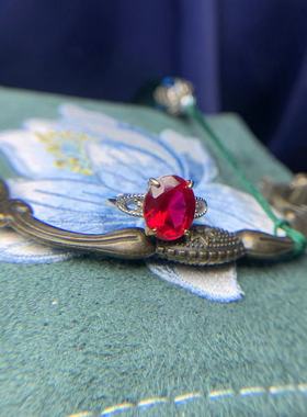 realtreasure培育红刚玉戒指婚戒女珠宝彩宝首饰925银