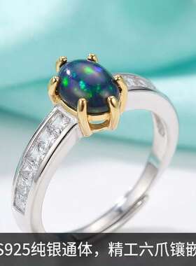 realtreasure天然欧泊戒指s925银镶嵌黑欧泊戒指轻奢蛋白石戒指