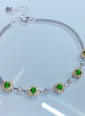 realtreasures925银首饰天然透辉石手链镶钻手环手饰百搭精致