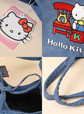 三丽鸥正版HelloKitty牛仔帆布公仔单肩包KT猫可爱公仔腋下包玩偶