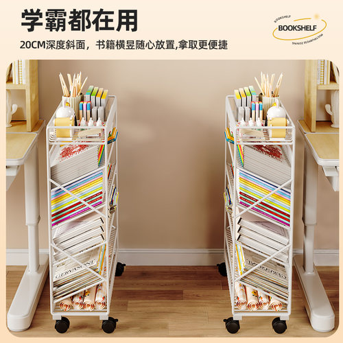 可移动书架落地置物架多层碳钢小推车零食杂物桌面旁阅读收纳书柜 - 图0
