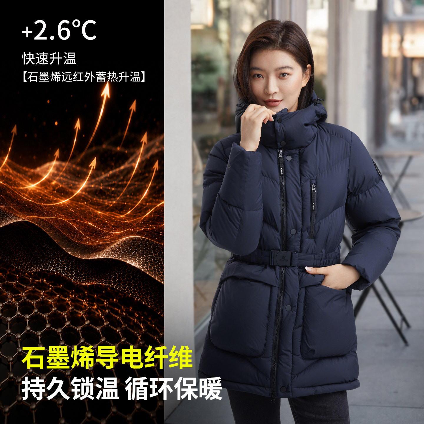 君羽户外800蓬反季鹅绒服女中长款加厚连帽冬季时尚收腰女羽绒服