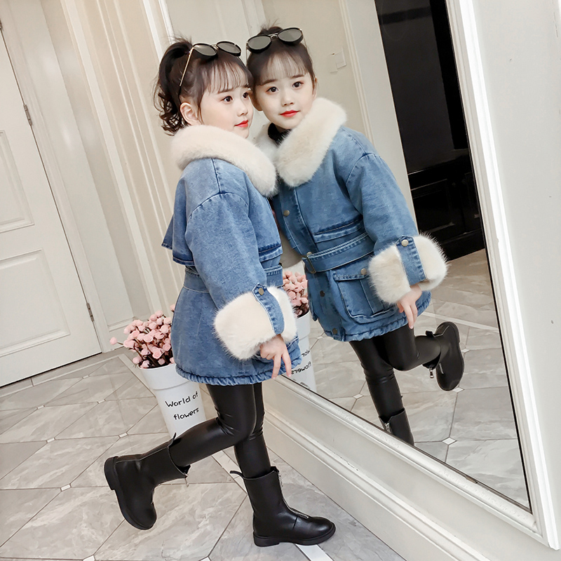 新款儿童牛仔加绒外套女孩棉服收腰中长款棉袄潮 2018 女童棉衣冬装 新款儿童牛仔加绒外套女孩棉服收腰中长款棉袄潮 2018 女童棉衣冬装