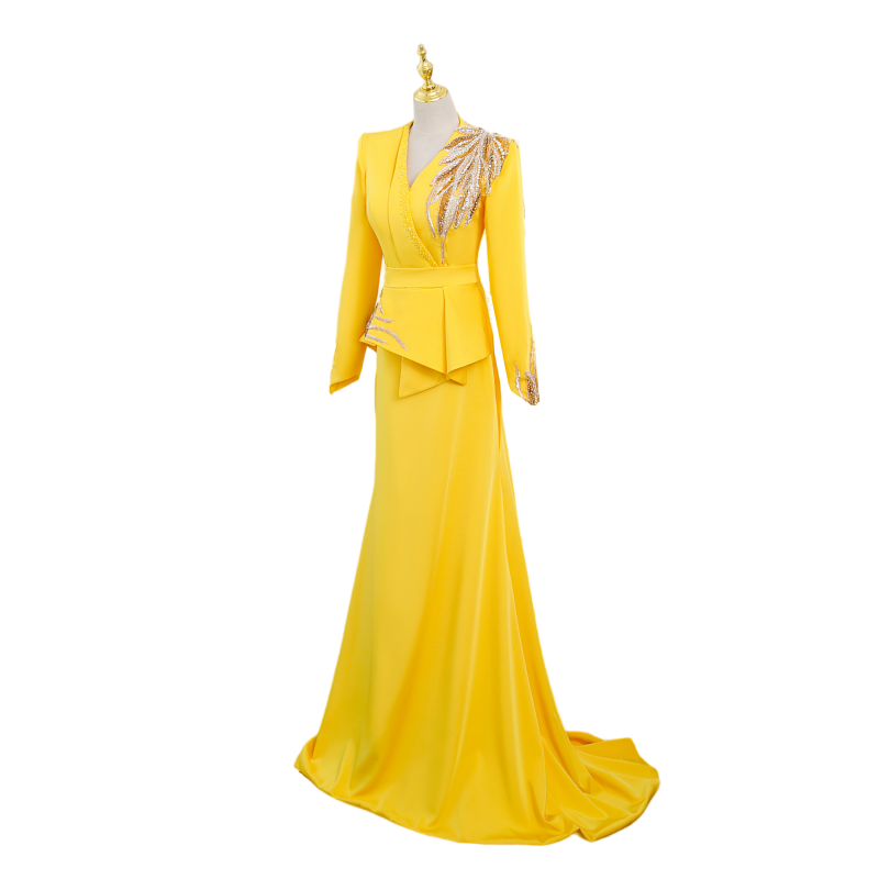 悠洛姌演出服新款黄色实拍显白重工主持人礼服舞台表演艺考礼服 - 图3